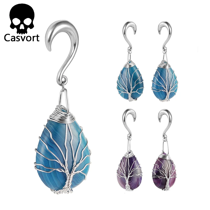 

Casvort new arrival irregular natural stone ear plugs dangle ear tunnel stainless steel silver ear weight hook body piercing