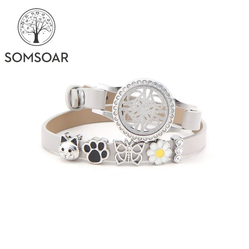 

Somsoar Jewelry Stainless Steel Magentic Essential Oil Diffuser Perfume Locket genuine Leather Bracelet with DIY Slide Charms