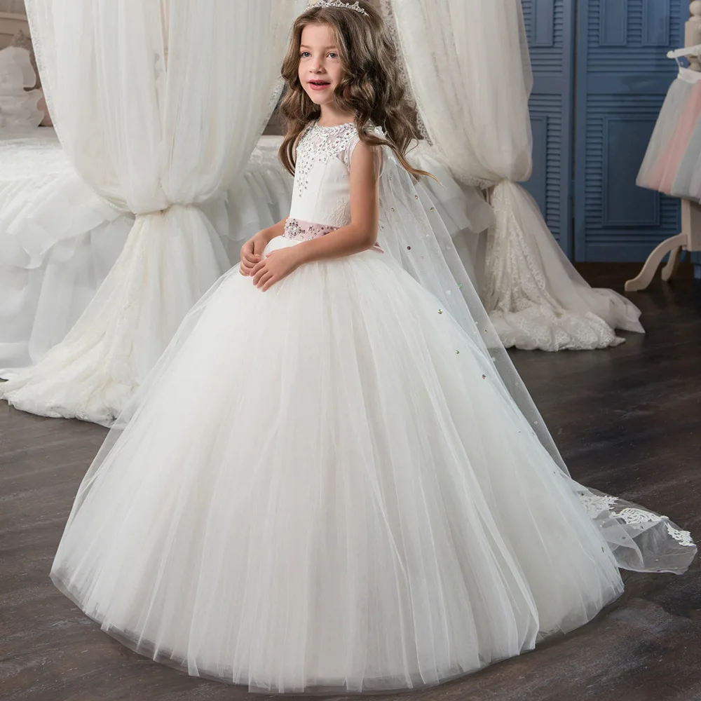 

Luxury Crystals First Communion Dress Belt Shawl Organza Children's Princess Girls Ball Gown Custom Made Flower Girl Dresses