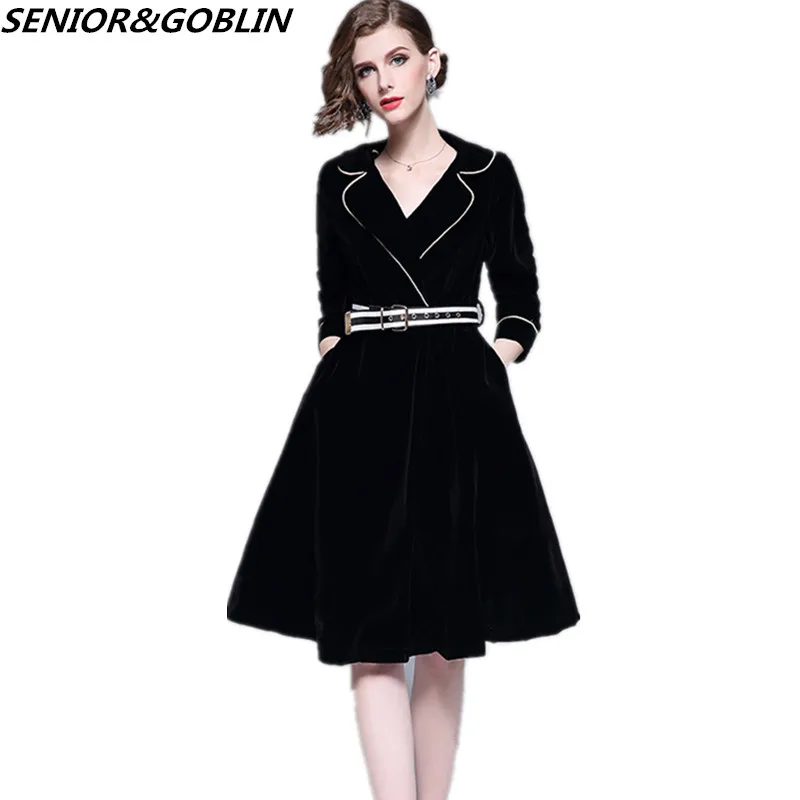 

2019High Quality Womens Black Velvet Dress Spring Women Big Notched Party Dress Vestidos Ladies Winter Casual Midi Dresses S-XXL