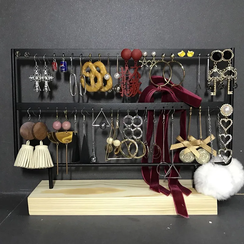 48 Holes Jewelry Organizer Stand Black and White color Iron with Wooden craft Earring Holder Fashion Earrings Display Rack