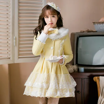 

Princess sweet yellw coat Candy Rain bow and lace decoration embroidery Single breasted Nail bead Japanese design C16CD6223