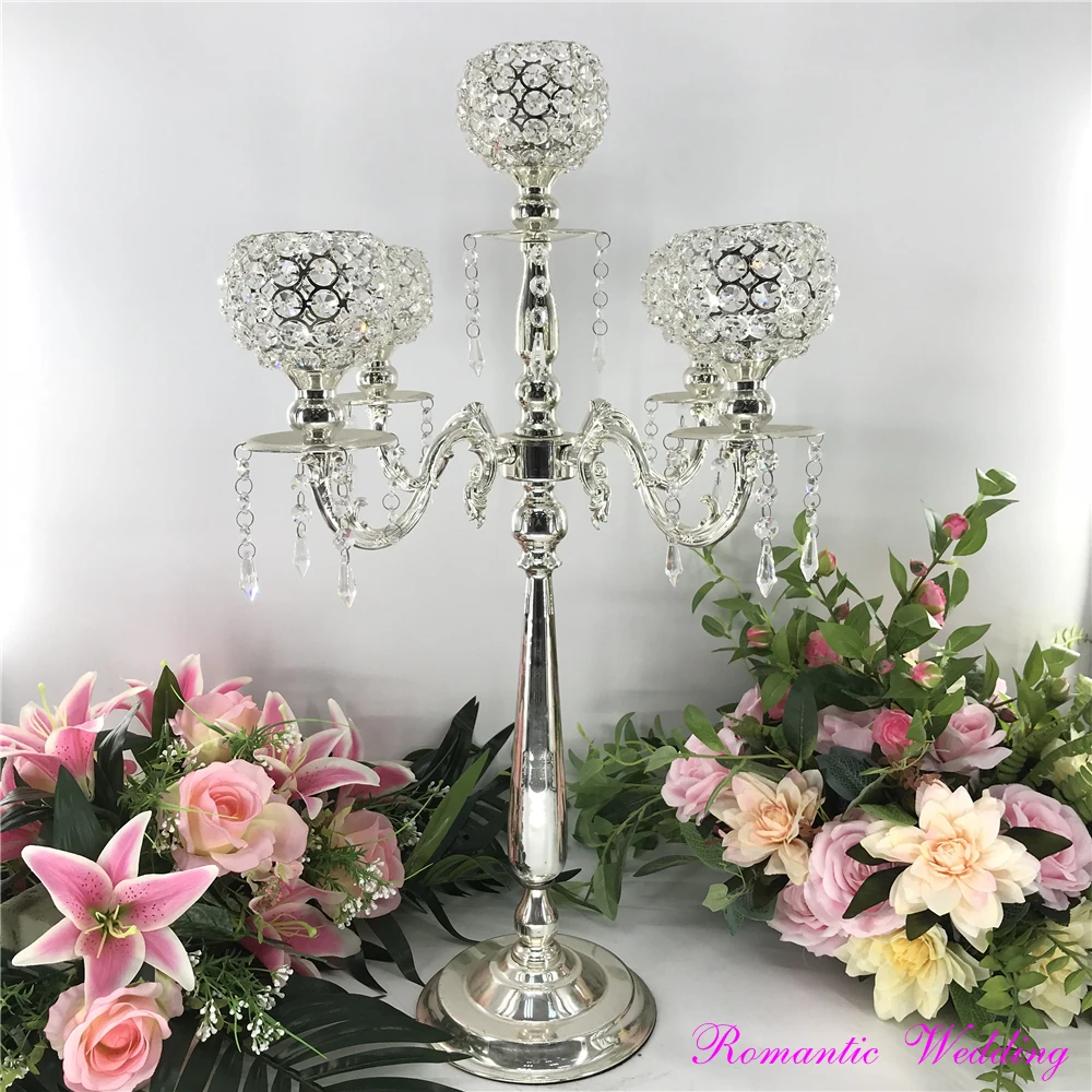

4PCS/lot Stunning Metal Silver Candelabras With Carving Arms Crystal Bead On Sale for Wedding party event home decoration
