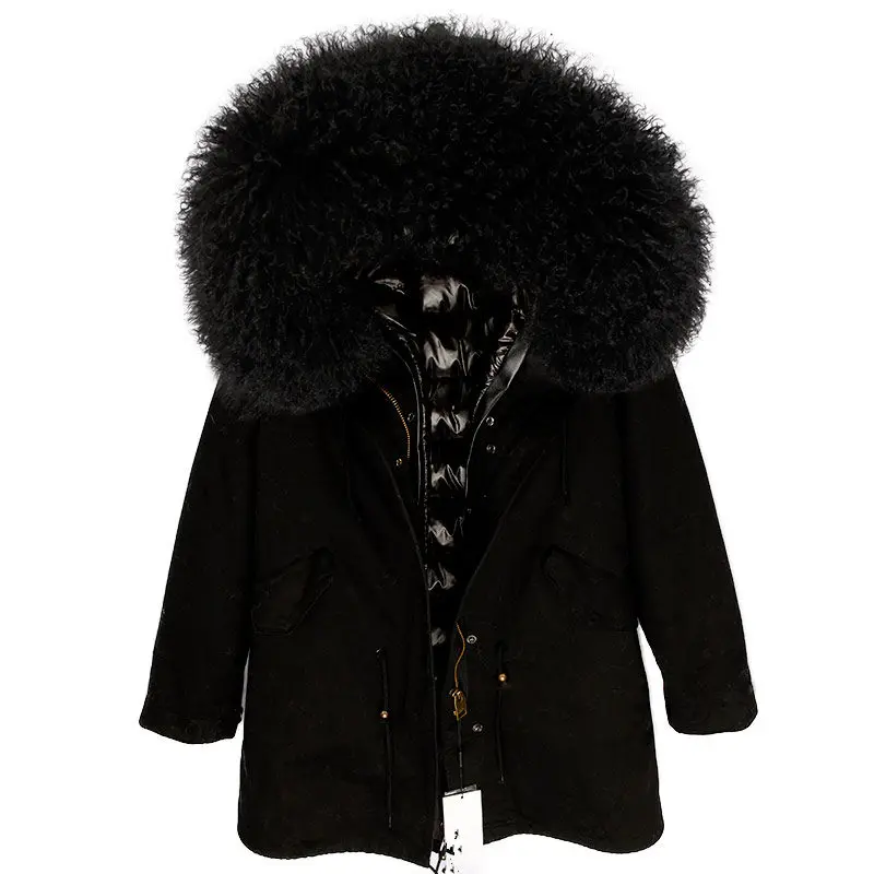 OFBUT, зимняя женская куртка, пальто с натуральным мехом, длинная парка, воротник из натурального меха монгольской овцы, гусиный пух, пальто, Толстая теплая уличная одежда - Цвет: full black
