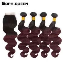 Soph queen Hair Pre-Colored Peruvian 4 Bundles With Closure T1B/99J 100% Human Hair Body Wave Hair Weave Bundles 12-24Inch