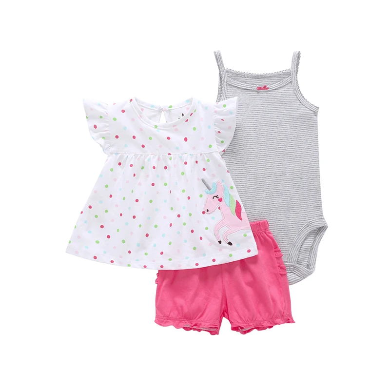 Комплект одежды для маленьких девочек с единорогом; летний костюм; коллекция года; Одежда для новорожденных; футболка в горошек без рукавов+ полосатый комбинезон+ шорты; комплект одежды