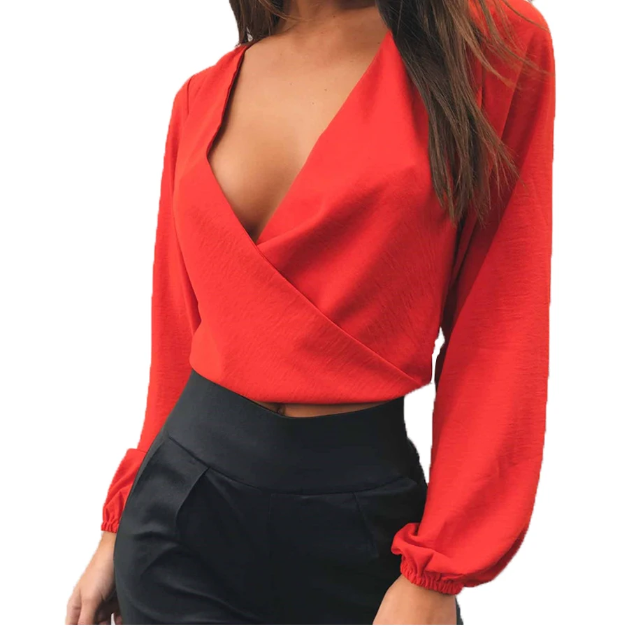 

Backless Deep V-Neck Sexy Women Chiffon Blouse Autumn Fashion Long Sleeve Knot Short Women Tops Casual Shirt Blouse Women