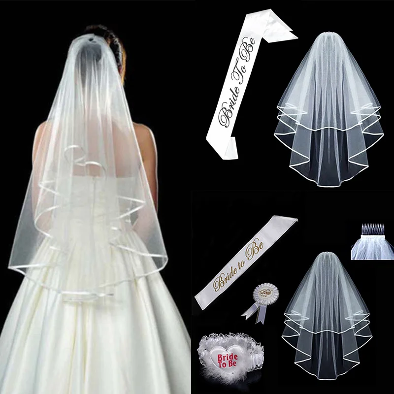 

1Set Girls Wedding Veil Hen Night Party Satin Sash Decorations Party Bridal Shower Kit Bride To Be White Bachelorette Bridal