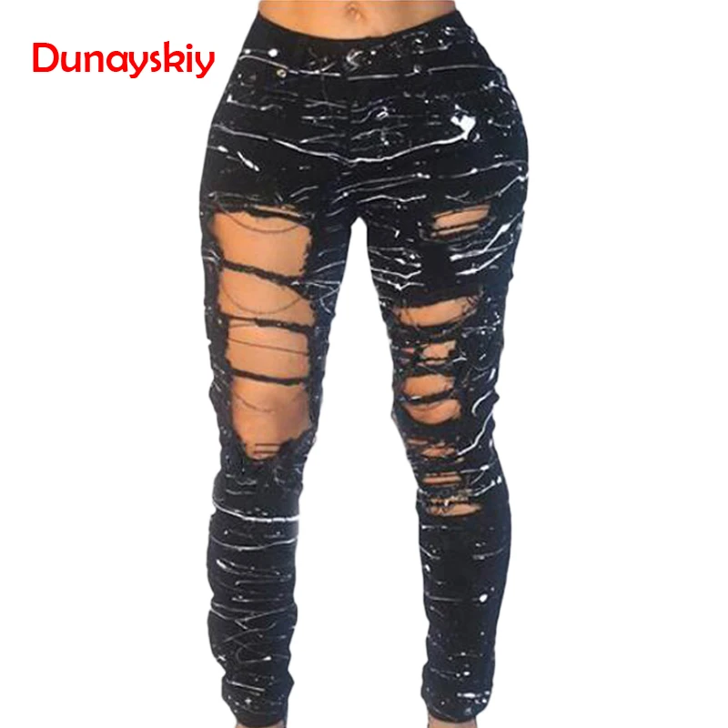 

Ripped Jeans for Women 2019 New Spring Mid-waist Hole Chain Jeans Paint Pants Skinny Destroyed Pants Hole Trousers Stretch Jeans