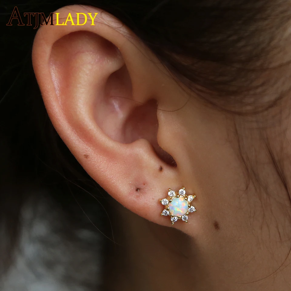 

2018 Sun Design elegant Gold Color Micro CZ Paved With Round Opal Stud Earring for girls women delicate cute minimalist earring