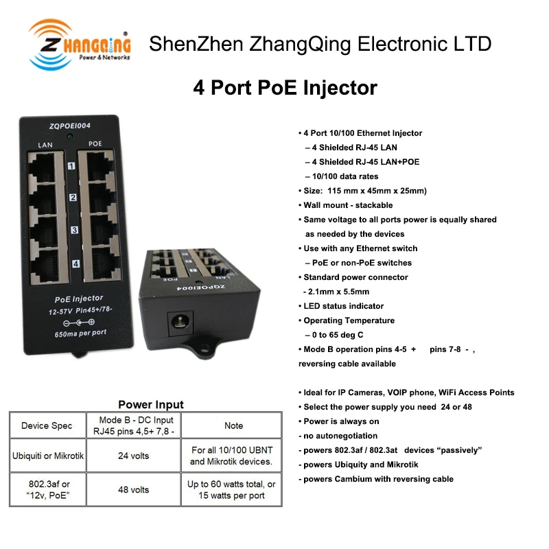 POE 4 48v60w порта PoE инжектор Режим B 100 Мбит/с Инжектор использовать с