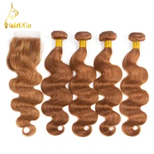 airUGo Hair Pre-Colored Mongolian Body Wave Bundles Non-Remy Hair 4Bundles With Closure Human Hair #30 Color Hair Extensions