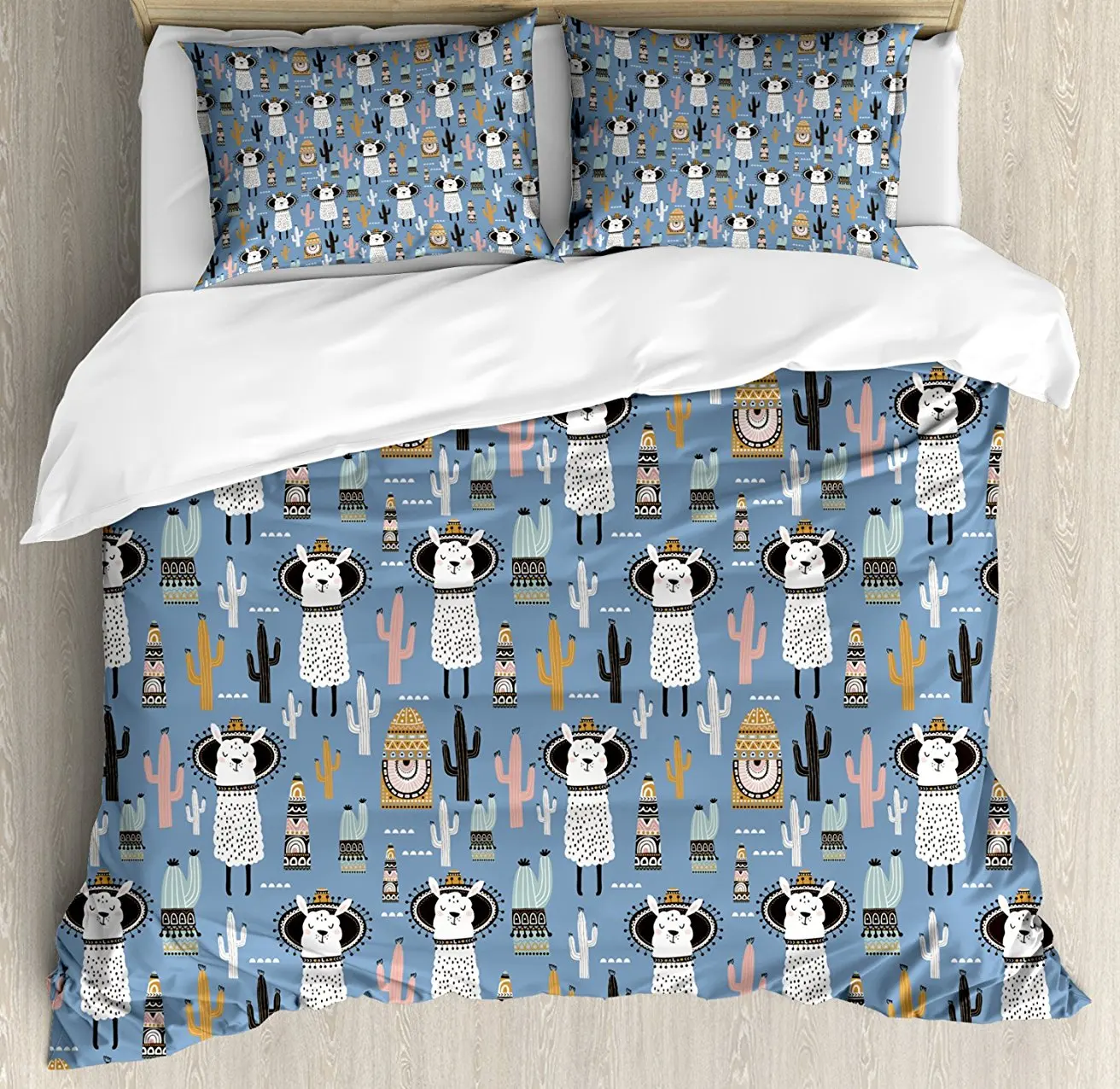 

Duvet Cover Set, Cute Llamas with Tribal Aztec Native American Style Primitive Kids Playroom Theme, 4 Piece Bedding Set