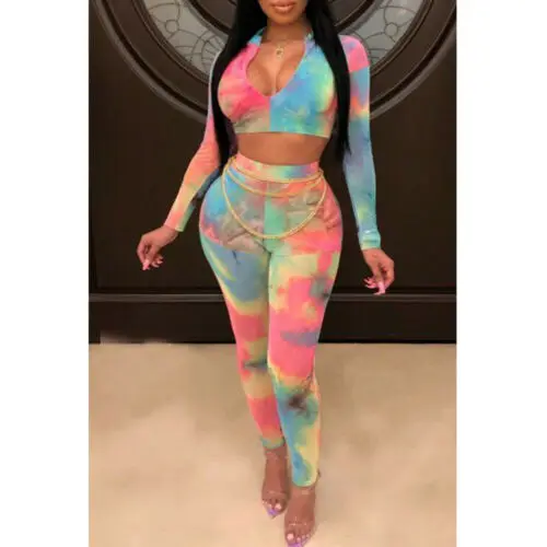 

New Hot Sale Women Fashion Print Deep V Neck Long Sleeve Crop Top Long Pants Bodycon Clubwear Jumpsuit Set Female 2pcs Outfits
