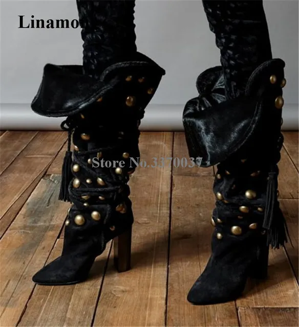 Cheap Winter New Fashion Women Pointed Toe Gold Metal Button Rivet Chunk Heel Knee High Boots Lace-up Black Suede Thick High Heel Boot