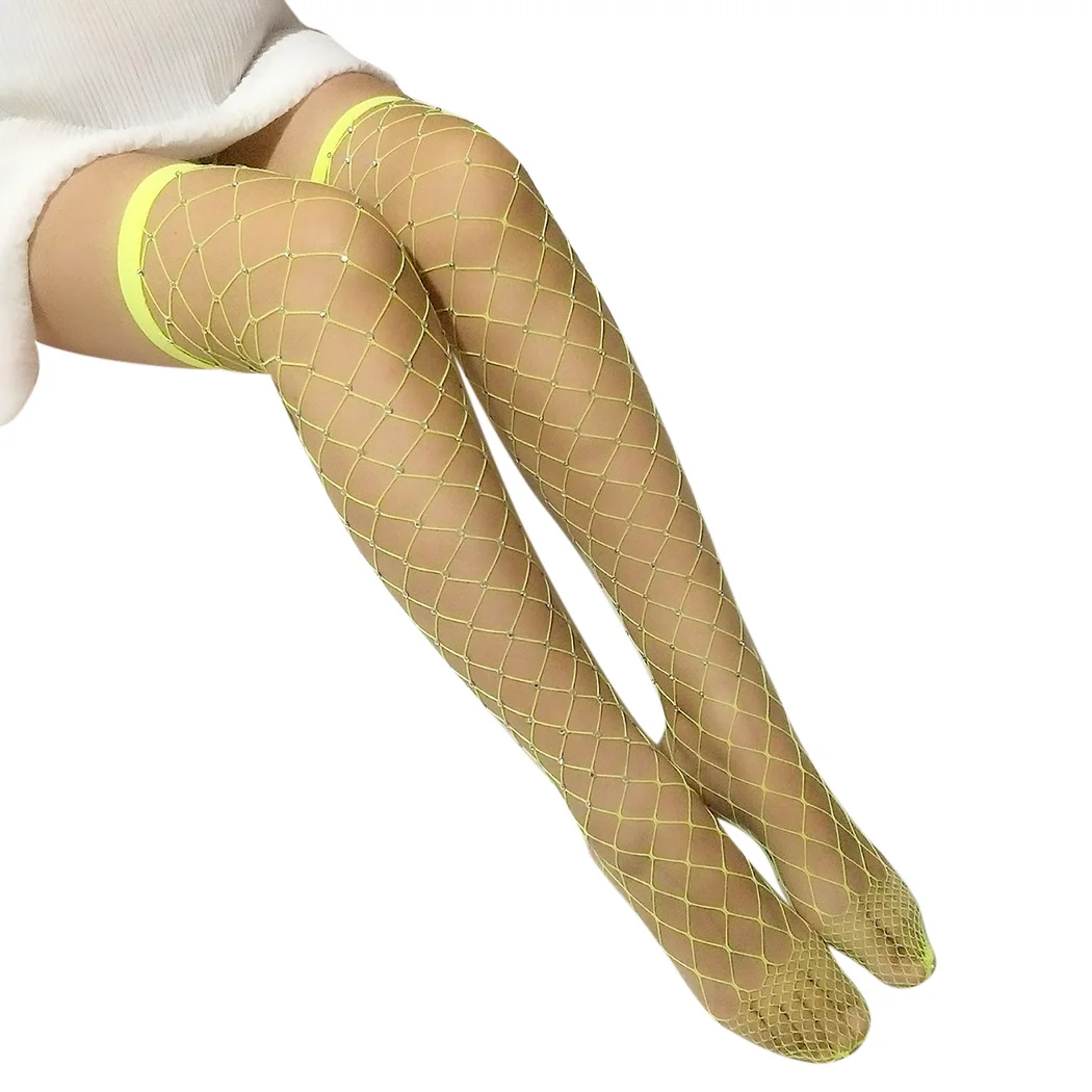 Популярные сексуальные чулки в сетку, женские блестящие прозрачные стразы, сетчатые чулки, Чулки выше колена, женские облегающие высокие носки, Medias - Цвет: Yellow