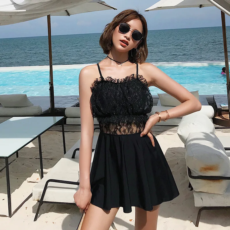 

Swimsuit One Piece Bikinis Female 2019 High Waist One-Piece Swimsuits 1 Women Korean Fairy Lace Sexy Back Skirt Girl Patchwork