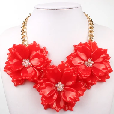 Ожерелье с большим цветком, акриловая цепочка с тремя цветами, разноцветный короткий женский модный чокер с бижутерией, вечерние аксессуары, 11 цветов - Окраска металла: Red