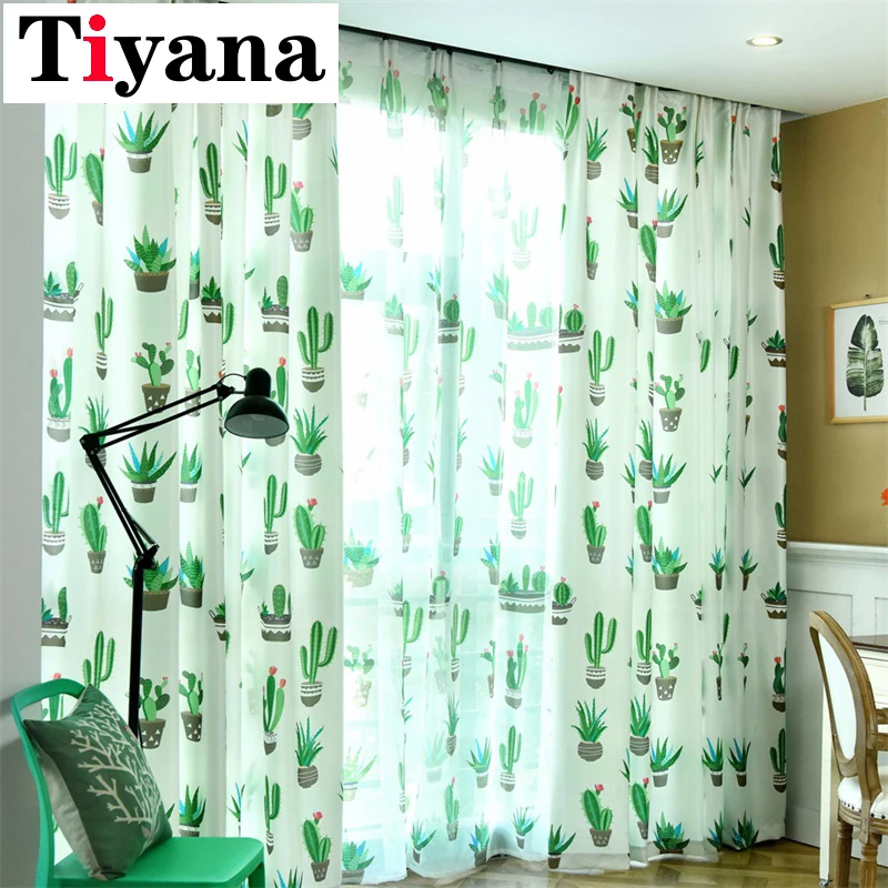 

Modern Nordic Plant Custom Curtain For Living Room Study ins Green Potted Plant Kitchen Curtain Cactus Summer Sheer Tende P204D3