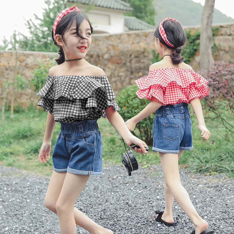 

kids fashion blouse +denim pants 2 pieces 2019 summer clothing sets teen kinderkleding meisjes