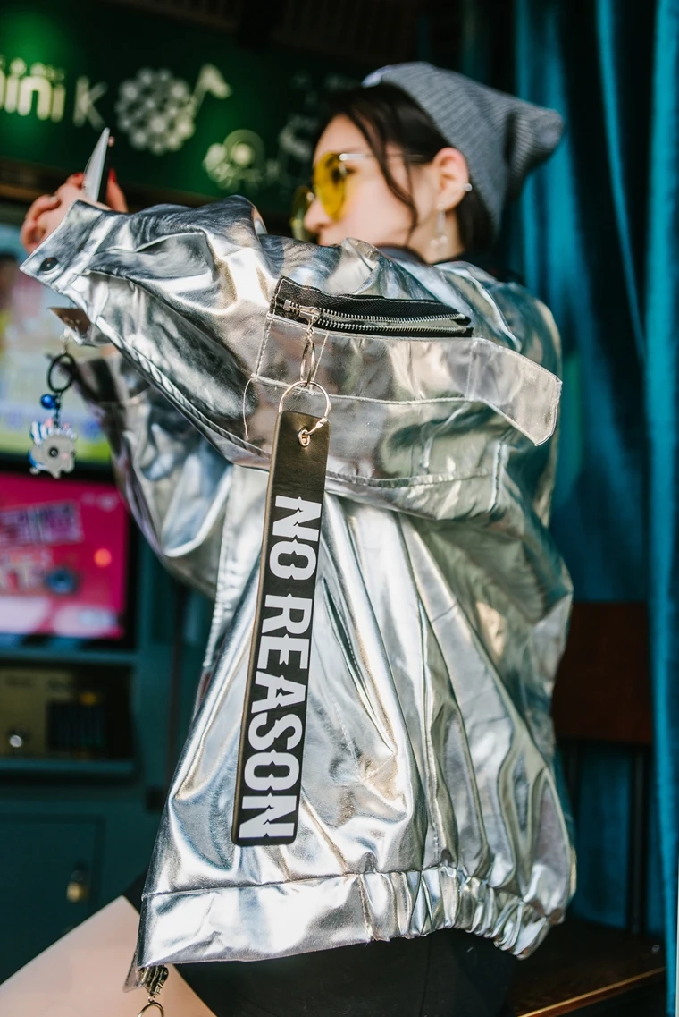 Cheerart Hip Hop Oversized Silver Jacket Women Pu Leather Glitter Loose Coat Streetwear Clothing Big Size Jackets Rock Punk Coat