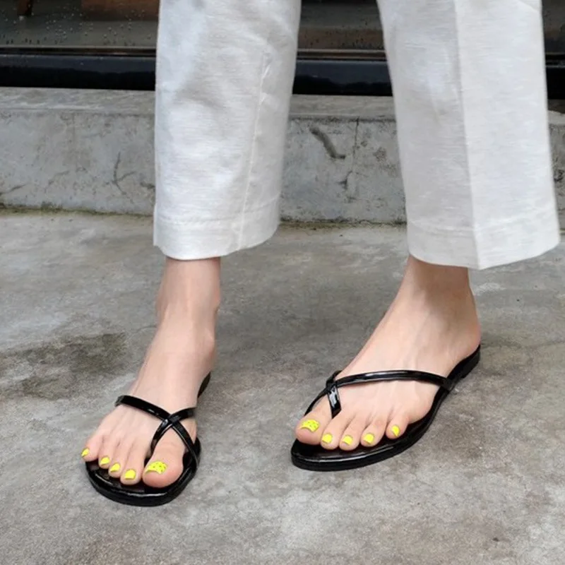 cross narrow band flip flops women flat heel summer shoes clip toe