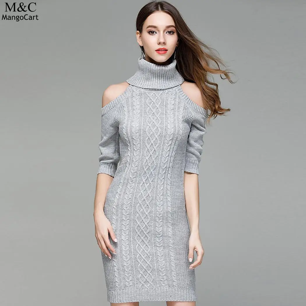 Bodycon Turtleneck Cold Shoulder Sleeve Women Knit Cable Pullover Sweater Dressin Dresses from
