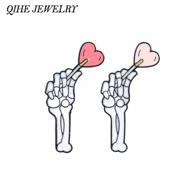 

QIHE JEWELRY Skeleton and heart pins Bone Enamel pins Lapel pins Brooches Punk jewelry Skull jewelry Heart Accessories