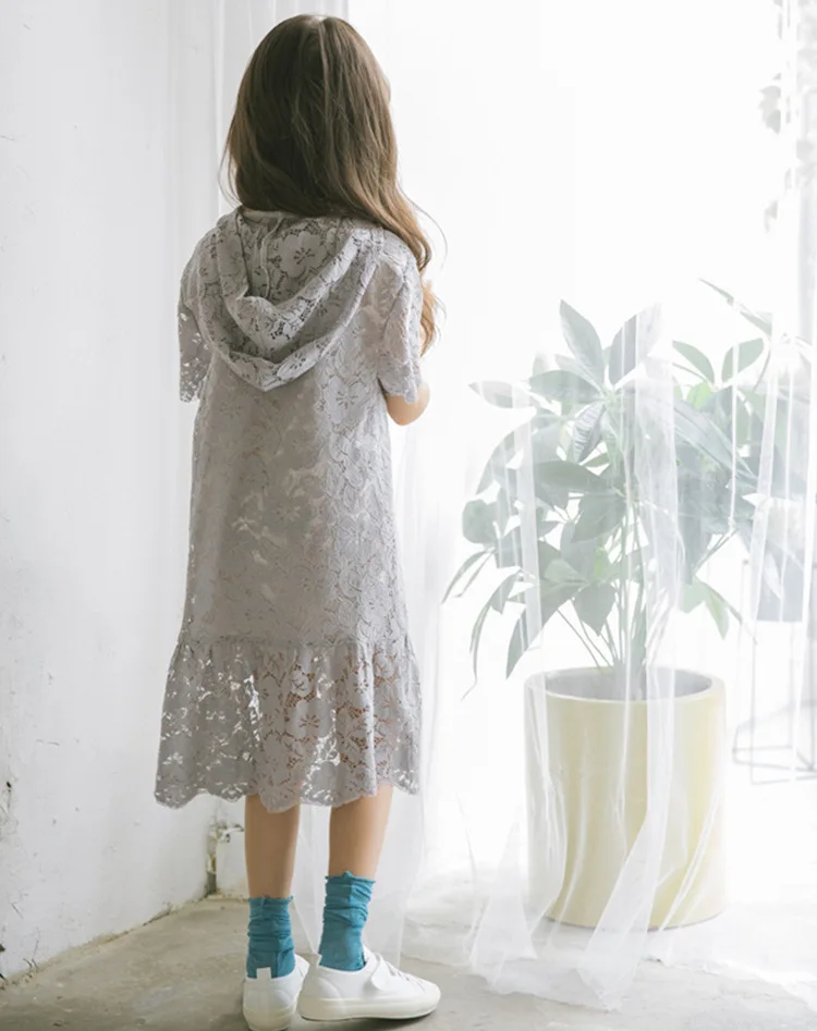 hooded lace asymmetrical children dresses summer 2018 new short sleeve baby girl dress kid clothing princess dress for big girls (7)