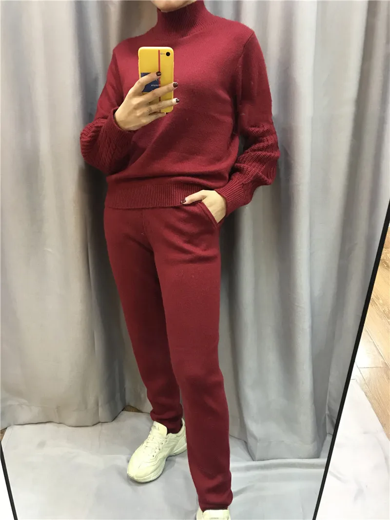 2021 O-neck Drawstring Wool Full Winter Women's Warm Cashmere 2 Piece Set Puff Sleeve Sweater + Casual Trousers Knit Suit Women high waist wide leg pants for women 100% merino wool solid trousers soft belt casual basic pants korean popular for winter sping