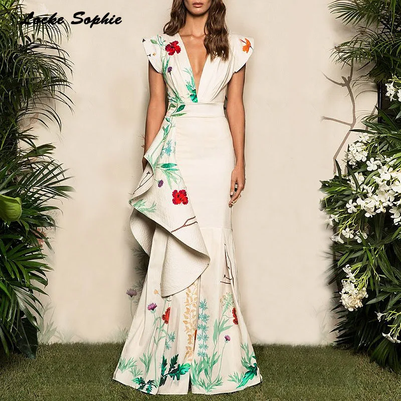 High waist Ladies Plus size Sexy party dresses 2019 Summer cotton prints Splicing irregular Dress women's Skinny mermaid Dress