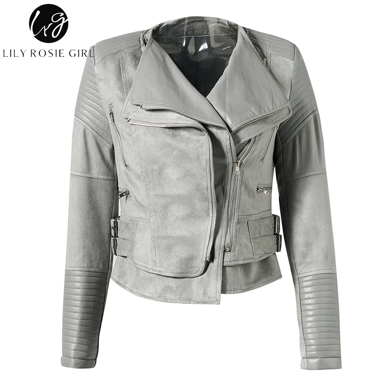 Lily Rosie Girl Gray Zipper Suede Faux Leather Jacket Women Autumn Winter Black Basic Jackets Casual Outwear Slim Coat 2017
