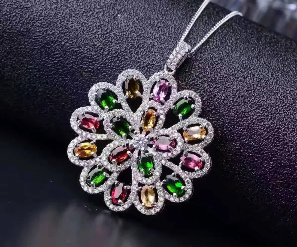 Naturel multicolore tourmaline hortensia pendentif rond pierre naturelle pendentif collier S925 arg