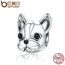 BAMOER 925 Sterling Silver Loyal Partners French BULLDOG Doggy Animal Beads fit Women Charm Bracelets Dog Jewelry SCC315