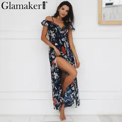 Glamaker цветочный принт в стиле бохо рюшами пляжное платье Для женщин Сплит v шеи длинное платье Сарафан пикантные Клубные вечерние летнее