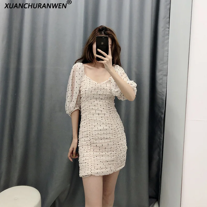

Design Bodycon Mesh Dress Women Square Collar Puff Sleeve Slim Polka Dot Print Pleated Mini Clubwear Dress WB9438