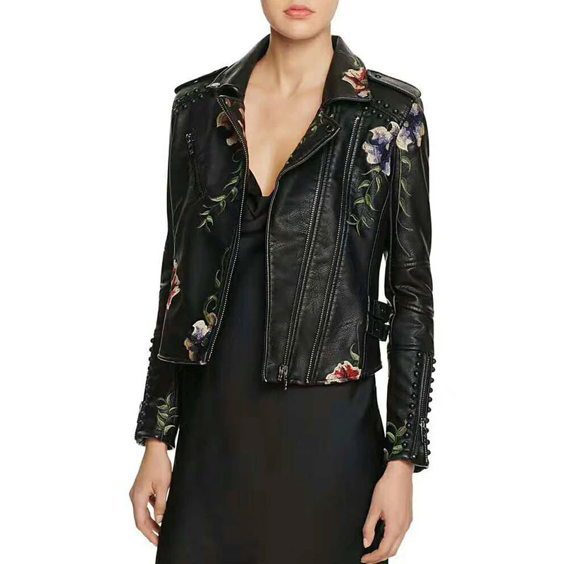 Зимнее пальто с цветочной вышивкой, куртка из искусственной кожи, Женская куртка в стиле панк-рок с заклепками на молнии, Черная байкерская куртка, весенние повседневные женские пальто