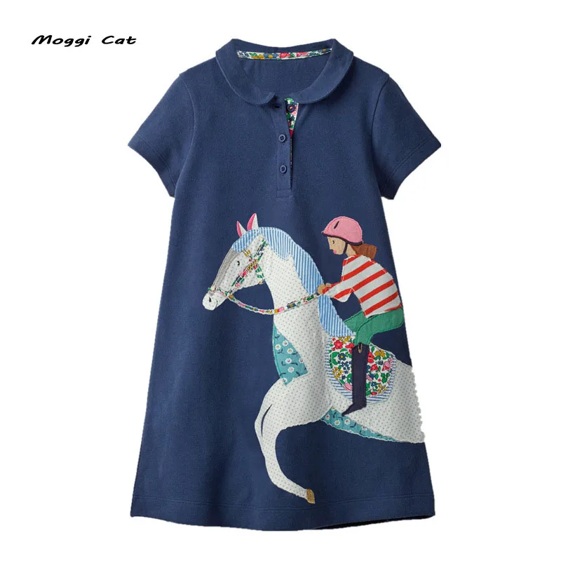 Moggi Cat Summer Girls Horse Short Sleeve Dresses Dark Blue Cute Kids Party Dresses for Kids girls Princess Dress Tops Clothes (4)