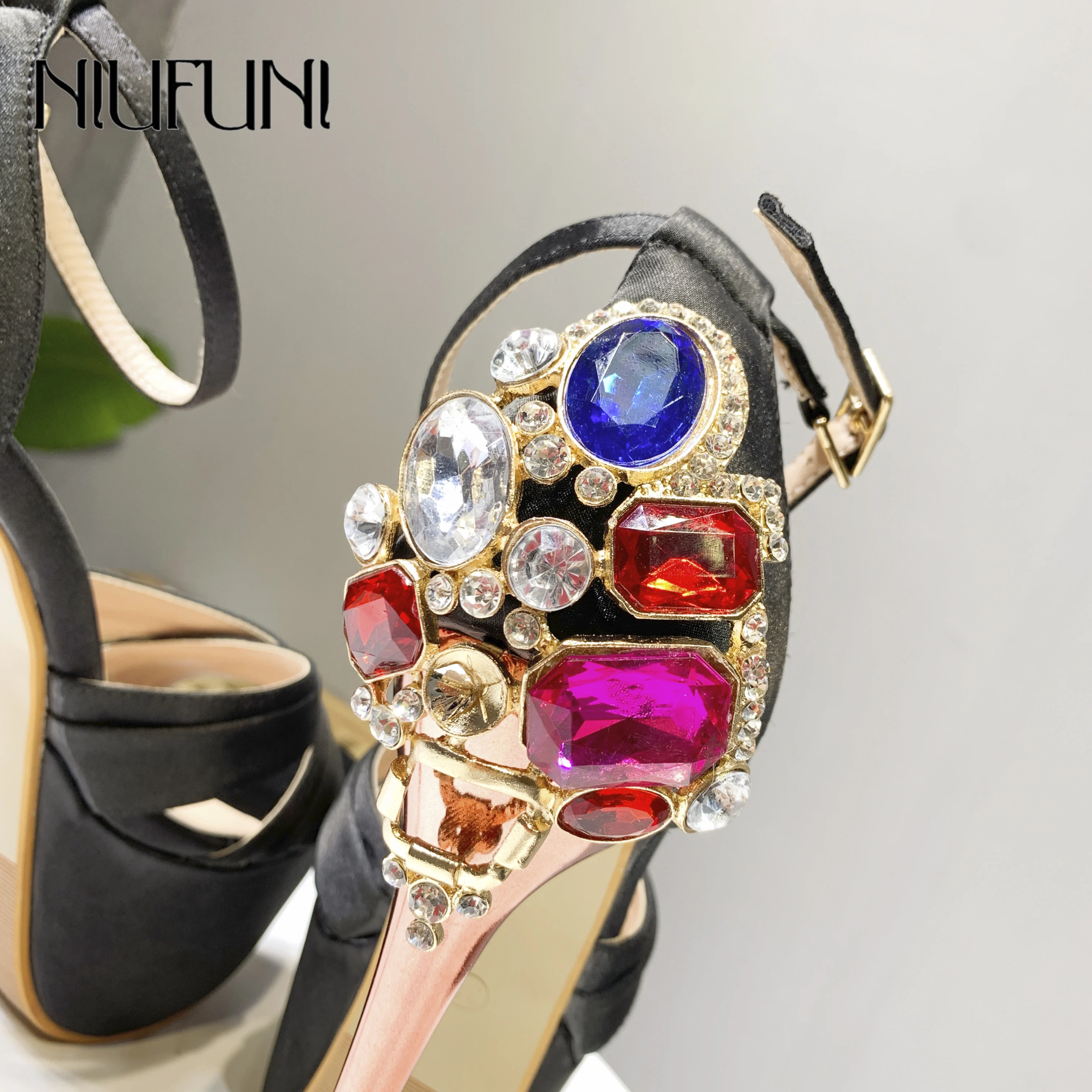 

Sexy Rhinestone Peep Toe Solid Color Women's Sandals Waterproof Platform High Heels Silk Elegant Crystal Stiletto Wedding Shoes