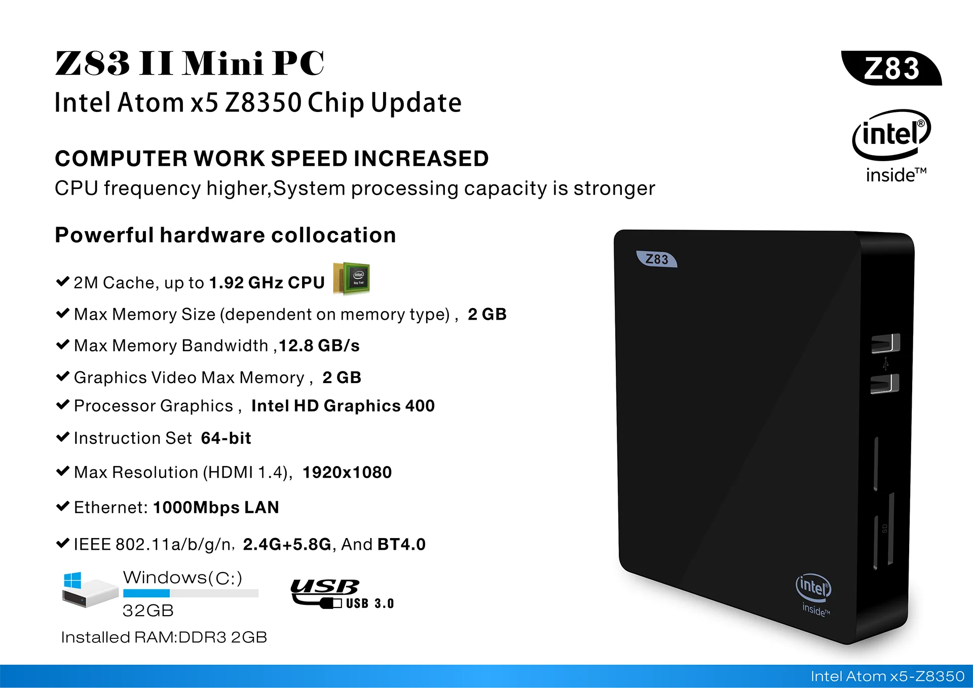 Z83II Мини ПК Windows 10 Intel Atom Z8350 Четырехъядерный 4 ГБ/64 Гб 5,8G двойной WiFi 1000M LAN Настольный win10 лицензированный Мини компьютер