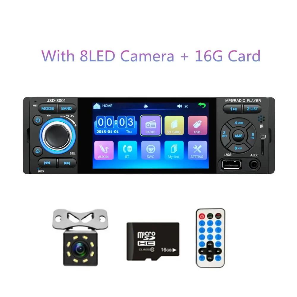 LTBFM Автомагнитола 1din jsd-3001 Авто 4 дюйма Сенсорный экран Аудио Зеркало Ссылка стерео Bluetooth зеркало заднего вида Камера usb - Цвет: 8LED Camera 16G Card