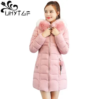 

UHYTGF Fashion Plus size Women Winter Down Jacket With Fur collar Warm Hooded Coat Slim Female Winter Coat Long Parka Outwear 88