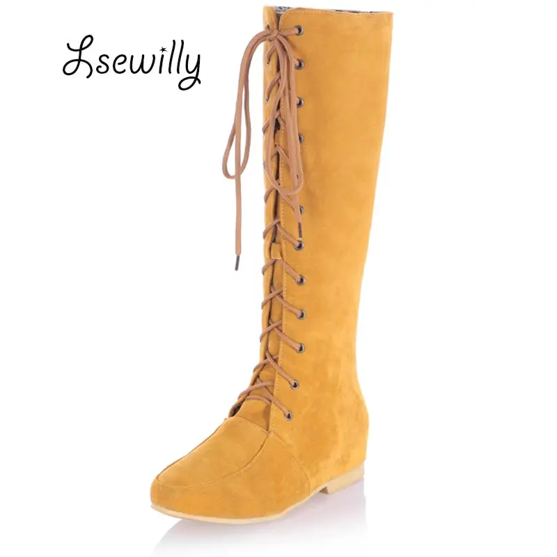 

Lsewilly women boots Spring New Korean Flat Heel Lacing High Boots Matte Knee Boots Women's Boots botas Plus Size 34-43 XY179
