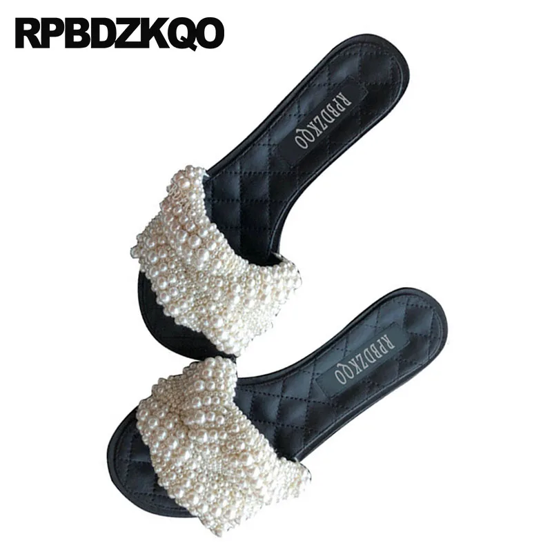 

plus size white ladies bridal summer slippers fashion shoes big embellished wedding designer slides women 2019 pearl sandals