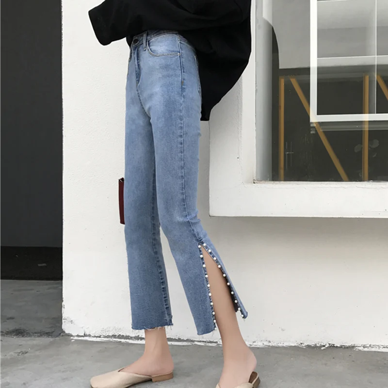 

Women Empire Slim Flare Elastic Pants Jeans with Embroidered Flares Denim Ankle -Length Pants
