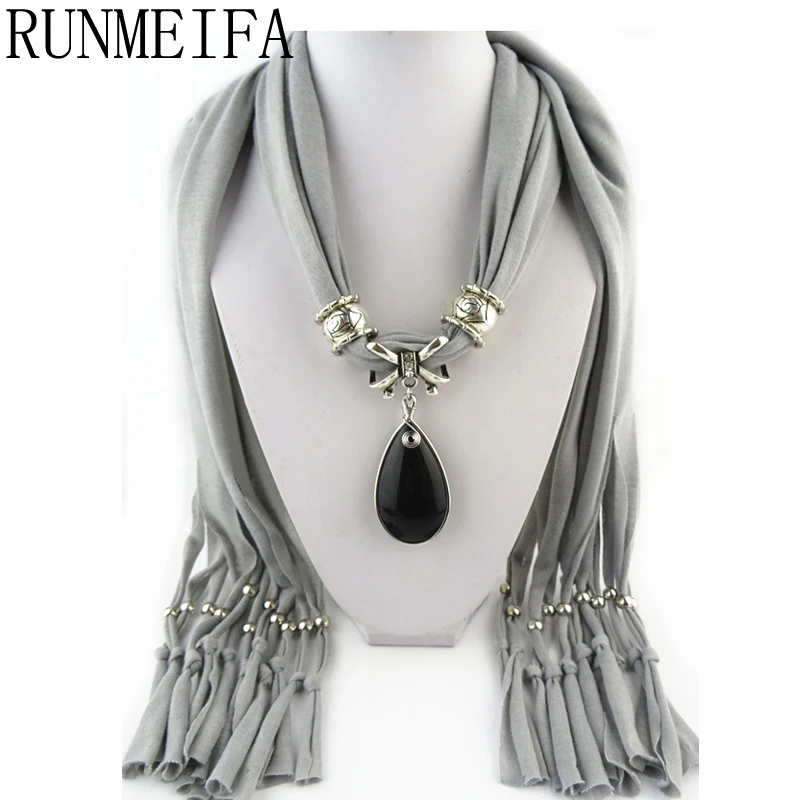 

[RUNMEIFA] 2017 charm black stone gemstone water drop riaindrop pendant scarf rhinestones tassels jewelry scarves free shipping
