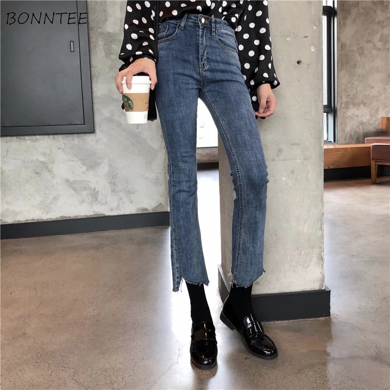 

Jeans Women 2019 New Trendy Korean Style Simple All-match Solid Womens Flare Ankle-length Skinny Casual Chic Irregular Hot Sale