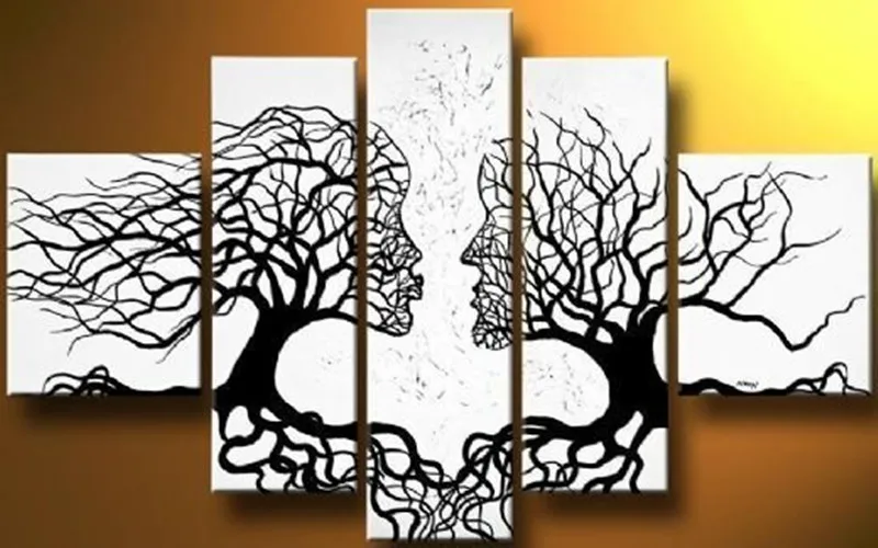 

Hand Painted Canvas Oil Painting Modern Abstract Black Tree Figure Paintings Acrylic White Wall Art Home Decor 5 Panel Pictures