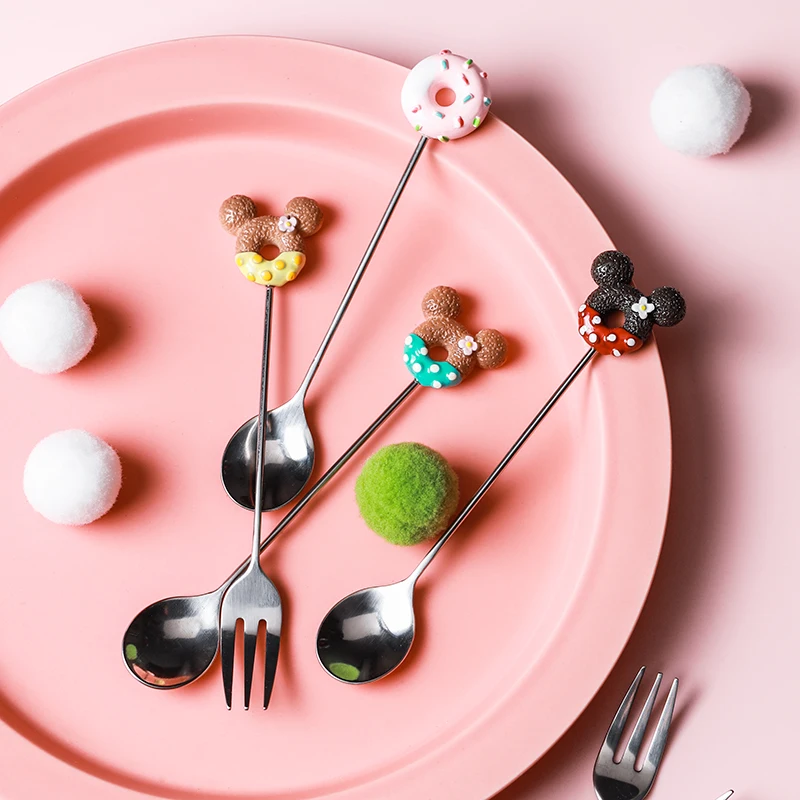 304 Stainless Steel Doughnut Spoon Fork Coffee Dessert Tea Ice Cream Spoons Forks Stirring Candy Cute Cartoon Teaspoon