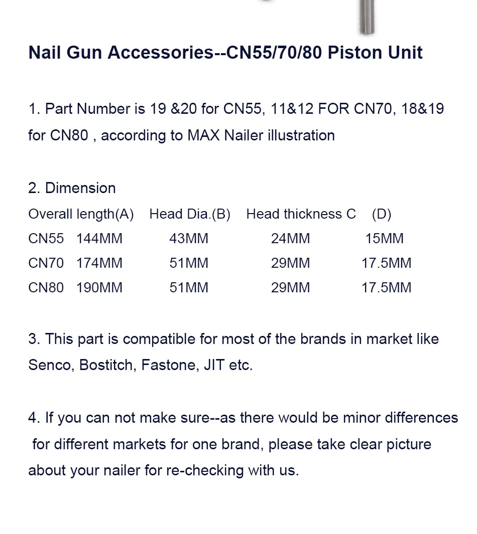 Поршень для CN55 CN70 CN80 аксессуар для гвоздей запасные части aftermarket для катушки гвоздильщик для Max, Bostitch, Senco, Стэнли